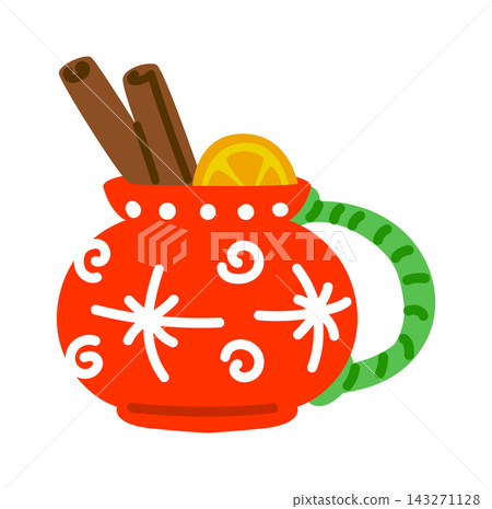 Christmas Hot Drink Mug With Cinnamon And Orange Cartoon Christmas Hot Drink Mug With Cinnamon And Orange Cartoon 143271128