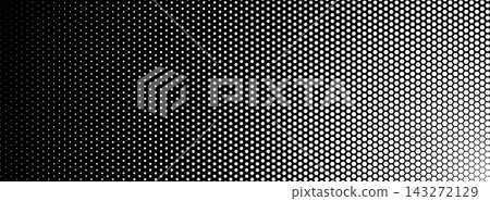 Hexagon halftone field dense left, fade right. Honeycomb mosaic tech vibe. Topics technology data. Use background banner UI cover print. Monochrome minimal geometric BG. Vector illustration Hexagon halftone field dense left, fade right. Honeycomb mosaic tech vibe. Topics technology data. Use background banner UI cover print. Monochrome minimal geometric BG. Vector illustration 143272129