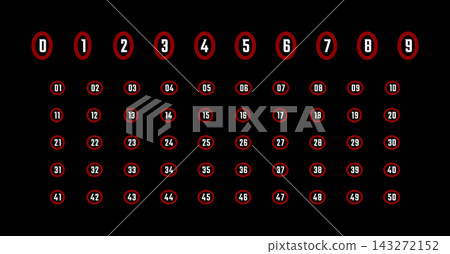 Bold sports number font set, white digits 0 9 plus 01 50 inside red circular rings on black. Number fonts for jerseys, scoreboards, racing labels, team graphics. Vector Illustration Bold sports number font set, white digits 0 9 plus 01 50 inside red circular rings on black. Number fonts for jerseys, scoreboards, racing labels, team graphics. Vector Illustration 143272152