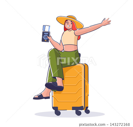 Traveler Sitting On Suitcase Cartoon 143272168