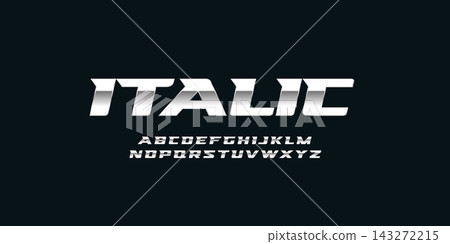 Italic chrome vector font. Metallic modern letters, polished steel style symbols. Aluminium bold geometric alphabet Italic chrome vector font. Metallic modern letters, polished steel style symbols. Aluminium bold geometric alphabet 143272215
