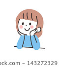 A hand-drawn illustration of a smiling woman with her chin resting on her hand, deep in thought. 143272329