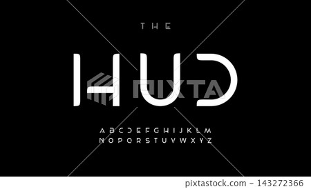 Hud, futuristic font alphabet letters. Modern typography. Minimal architecture typographic design. Future letter set for architect logo, space style headline, monogram type. Isolated vector typeset Hud, futuristic font alphabet letters. Modern typography. Minimal architecture typographic design. Future letter set for architect logo, space style headline, monogram type. Isolated vector typeset 143272366