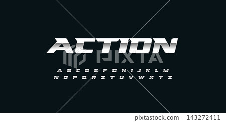 Action chrome vector font. Metallic modern letters, polished steel style symbols. Aluminium bold geometric alphabet Action chrome vector font. Metallic modern letters, polished steel style symbols. Aluminium bold geometric alphabet 143272411