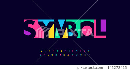 Symbol festival colorful alphabet, art colored letters, joyful funny font for bright geometric logo, Mexican or Indian fest headline, birthday greeting card, school project design. Vector typographic. Symbol festival colorful alphabet, art colored letters, joyful funny font for bright geometric logo, Mexican or Indian fest headline, birthday greeting card, school project design. Vector typographic. 143272413