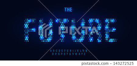 AI Digital Technology Font Logo Alphabet, Blue Glowing Letters. Creative Typography for Fintech Science Innovation Typographic Design. Futuristic Network Pattern Text. Vector Typeface 143272525