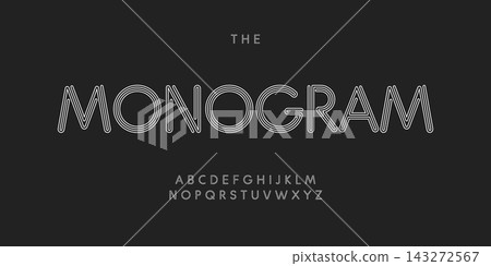 Monogram line letters and numbers set on black background. Monochrome vector latin alphabet. Lacing white font. Rope ABC, maze monogram and poster template. Typography design Monogram line letters and numbers set on black background. Monochrome vector latin alphabet. Lacing white font. Rope ABC, maze monogram and poster template. Typography design 143272567