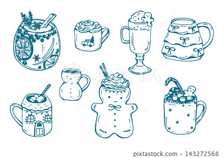 Christmas cups with Festive decorations, hot chocolate, marshmallow, whipped cream Christmas cups with Festive decorations, hot chocolate, marshmallow, whipped cream 143272568