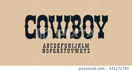 Cowboy Vintage Western Font Logo Alphabet Vegas Letter Set Old Typography, Retro Typographic Design for Mexican Text, Texas Outlaw Poster, Casino Title, Wild West Fonts. Vector Typeface Cowboy Vintage Western Font Logo Alphabet Vegas Letter Set Old Typography, Retro Typographic Design for Mexican Text, Texas Outlaw Poster, Casino Title, Wild West Fonts. Vector Typeface 143272760