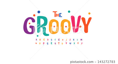 Groovy colorful alphabet, playful carnival letters, funny festival font for bright fiesta logo, mexican headline, birthday and greeting card typography, thank you phrases. Vector typographic design 143272783