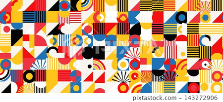 Geometric Shapes Pattern Design, Abstract Bauhaus Background, Circle Square Rectangle Geomatry Pattern. Vivid Colorful Decorative BG, Mid Century Art Graphic for Cover Backdrop. Vector Illustration Geometric Shapes Pattern Design, Abstract Bauhaus Background, Circle Square Rectangle Geomatry Pattern. Vivid Colorful Decorative BG, Mid Century Art Graphic for Cover Backdrop. Vector Illustration 143272906