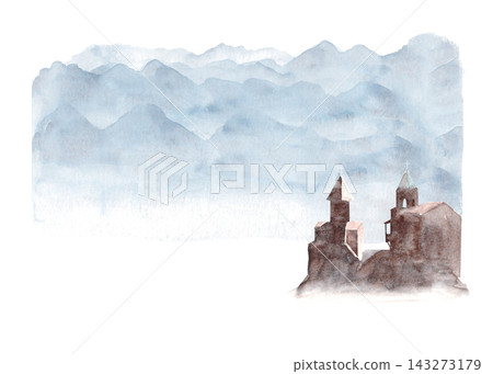 Watercolor blue mountain landscape with two old churches in the foreground, hand painted with soft misty layers. Scenic illustration for travel, tourism, backgrounds, invitations and editorial design Watercolor blue mountain landscape with two old churches in the foreground, hand painted with soft misty layers. Scenic illustration for travel, tourism, backgrounds, invitations and editorial design 143273179