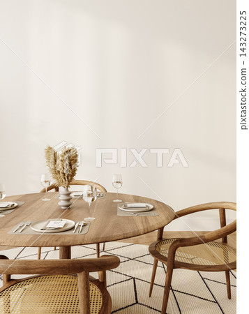 table set on wooden chair in modern interior table set on wooden chair in modern interior 143273225