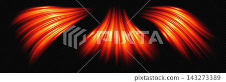 Red swoosh line speed effect with light wave glow. Neon abstract background with orange arrow motion energy. Technology ray air vector design. 143273389