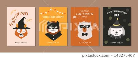 Set of happy halloween pet greeting card.Characters for Halloween in cartoon costumes style,cute animal,Vector illustrations. Set of happy halloween pet greeting card.Characters for Halloween in cartoon costumes style,cute animal,Vector illustrations. 143273407