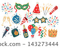 Hand drawn Christmas party sticker collection with disco ball, champagne, balloons, party hat, mask, microphone, confetti, streamers, sparklers, crown and festive decorations. 143273444