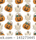 Halloween festive vector background, hand drawn seamless pattern with pumpkins, spider web and ghosts perfect for spooky season design. 143273445