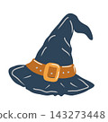 Hand drawn Halloween Witch Hat with buckle vector illustration isolated on white bakground. 143273448