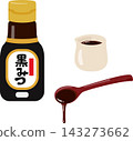 Black sugar syrup in bottles and black sugar syrup in pitchers and spoons 143273662