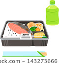 A commercially available salmon bento box and a bottle of tea. 143273666