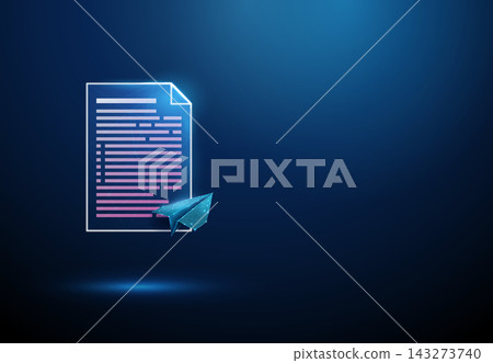 3D blue document and paper airplane. Send message, email, delivery, communication, sharing, dispatch, newsletter, mail, marketing, announcement, distribution concept 3D blue document and paper airplane. Send message, email, delivery, communication, sharing, dispatch, newsletter, mail, marketing, announcement, distribution concept 143273740