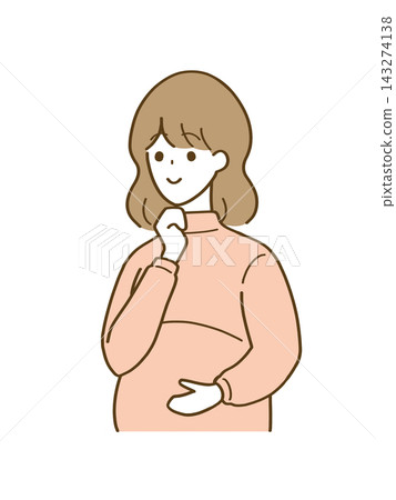 一幅描繪孕婦思考的插圖(面帶微笑,看向一旁)。 一幅描繪孕婦思考的插圖(面帶微笑,看向一旁)。 143274138