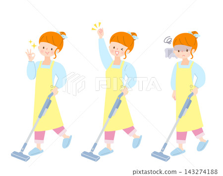 A set of illustrations of a young woman vacuuming. A set of illustrations of a young woman vacuuming. 143274188