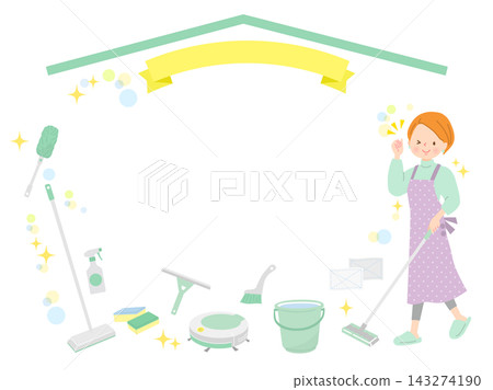 A woman vacuuming and a set of cleaning tools. A woman vacuuming and a set of cleaning tools. 143274190