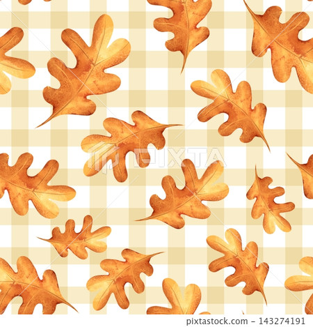 Hand-drawn seamless pattern illustration featuring orange autumn oak leaves over a beige checkered background Hand-drawn seamless pattern illustration featuring orange autumn oak leaves over a beige checkered background 143274191
