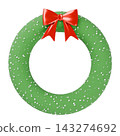 3D textured Christmas wreath frame with red ribbon and silver glitter ornaments 143274692