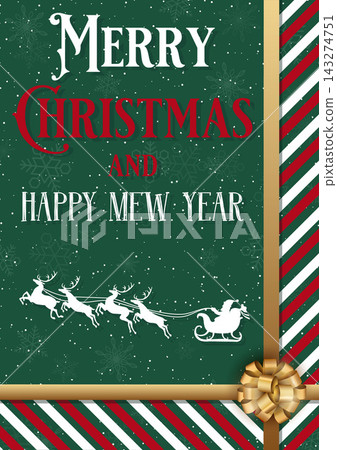 Festive dark green Merry Christmas greeting card template featuring Santa Claus with reindeer sleigh, golden ribbon with bow, snowflakes, and holiday typography against a dark green background. Festive dark green Merry Christmas greeting card template featuring Santa Claus with reindeer sleigh, golden ribbon with bow, snowflakes, and holiday typography against a dark green background. 143274751
