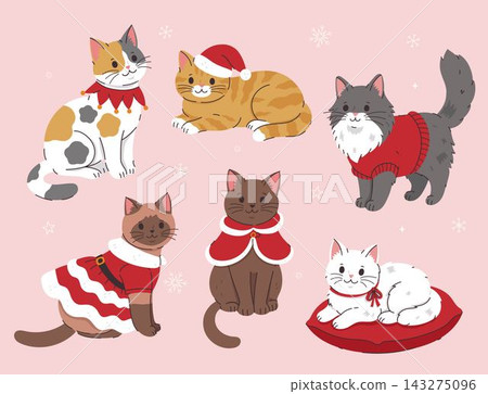 Set of vector illustrations with cute Christmas cats - funny holiday kittens in winter festive clothes Set of vector illustrations with cute Christmas cats - funny holiday kittens in winter festive clothes 143275096