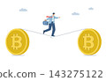 Businessman investor balances body walking on tightrope stretched between major bitcoins, Surviving crisis and financial market problems, Maintaining portfolio in highly volatile market conditions. 143275122