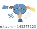 Businessman's hand is grasping the corporate or personal market share, Pie chart showing shareholder value, Business cooperation, investment, Business competition concept, Flat vector illustration 143275123