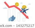 Cryptocurrency price falls, Bitcoin value continues to fall, Crypto trading risks, Male investor holding bitcoin falling following red arrow, Flat vector design illustration. 143275217