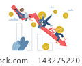 Crypto price falls, The value of cryptocurrencies continue to falling, Risk in trading markets, Investors hold bitcoins and other coins depreciate as the red arrow, Flat vector design illustration. 143275220