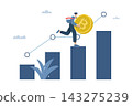 Male investor holding Bitcoin coin running on high growth bar graph, The growth of the price of cryptocurrency, Increasing graph of the value of virtual currency, Crypto market growth climb chart. 143275239