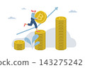 Female investor holding bitcoins running on a stack coins, The growth of the price of cryptocurrency, Increasing graph of the value of virtual currency, Crypto market growth climb chart. Vector. 143275242