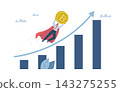 The growth of the price of cryptocurrency, Bitcoin, Increasing graph of the value of virtual currency, Blockchain tech, Crypto market growth climb chart, Investor man holding Bitcoins flying high. 143275255
