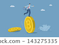 Male investor balancing on bitcoins, Risk and high volatility in the cryptocurrency market, Maintaining stability between losses and returns, Bitcoin trading market, Vector design. 143275335
