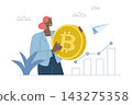 Investing in bitcoin, Growing cryptocurrency market, Investment options, Forecasting future profits and income, Female investor holding bitcoin checking the growth of the trading market. 143275358