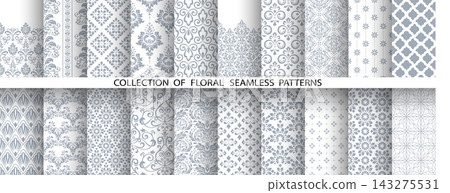 Geometric floral set of seamless patterns. White and gray vector backgrounds. Damask graphic ornaments 143275531
