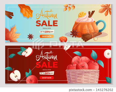 A set of horizontal autumn promo banners. Red apples in a wicker basket, pumpkin drink. The concept of autumn. Seasonal discounts, sale. Vector illustration for posters, advertisements, flyers A set of horizontal autumn promo banners. Red apples in a wicker basket, pumpkin drink. The concept of autumn. Seasonal discounts, sale. Vector illustration for posters, advertisements, flyers 143276202