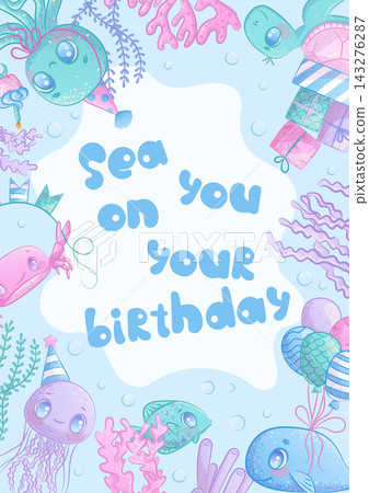 Children's birthday greeting card with cute cartoon sea animals. Whale, crab, octopus, jellyfish, turtle, fish. Handwritten inscription. Vector illustration for postcards and posters. Children's birthday greeting card with cute cartoon sea animals. Whale, crab, octopus, jellyfish, turtle, fish. Handwritten inscription. Vector illustration for postcards and posters. 143276287