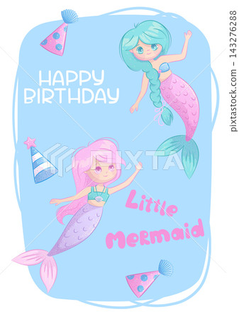 Children's birthday greeting card with a cute little mermaid and a cupcake with a candle. Handwritten inscription. Vector illustration for postcards and posters. 143276288