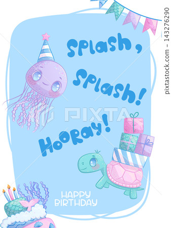 Children's birthday greeting card with cute cartoon jellyfish in a party hat and a turtle with gifts. Handwritten inscription. Vector illustration for postcards and posters. Children's birthday greeting card with cute cartoon jellyfish in a party hat and a turtle with gifts. Handwritten inscription. Vector illustration for postcards and posters. 143276290