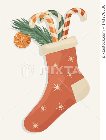 Flat lay Christmas stocking vector element isolated on background. Cozy eco winter holiday red sock with pine branch candy cane and orange decor Flat lay Christmas stocking vector element isolated on background. Cozy eco winter holiday red sock with pine branch candy cane and orange decor 143276336