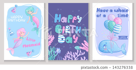 A set of children's greeting cards with cute sea animals, in the underwater style. A whale with balloons, little mermaids. Handwritten inscription. Vector illustration for postcards and posters. 143276338