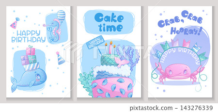 A set of children's greeting cards with cute sea animals, in the underwater style. Whale, seahorse, crab. Handwritten inscription. Vector illustration for postcards and posters. 143276339