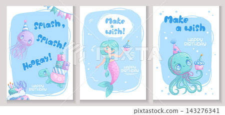 A set of children's greeting cards with cute sea animals. Octopus, jellyfish, turtle, mermaid. Handwritten inscription. Vector illustration for postcards and posters. A set of children's greeting cards with cute sea animals. Octopus, jellyfish, turtle, mermaid. Handwritten inscription. Vector illustration for postcards and posters. 143276341